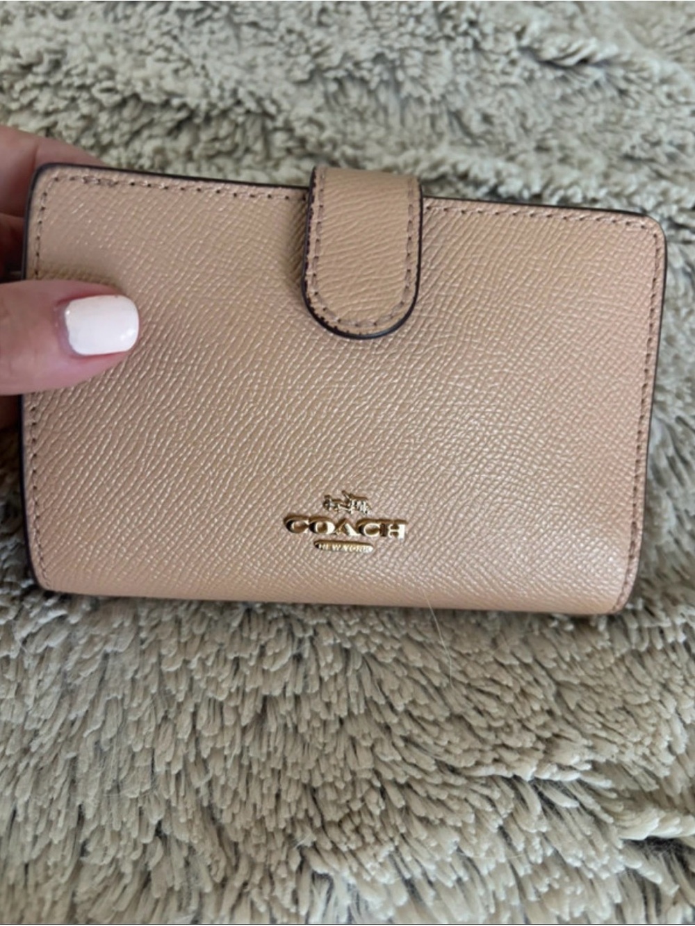 Coach Pebbled Leather Snap Wallet in Blush Beige with Gold Logo